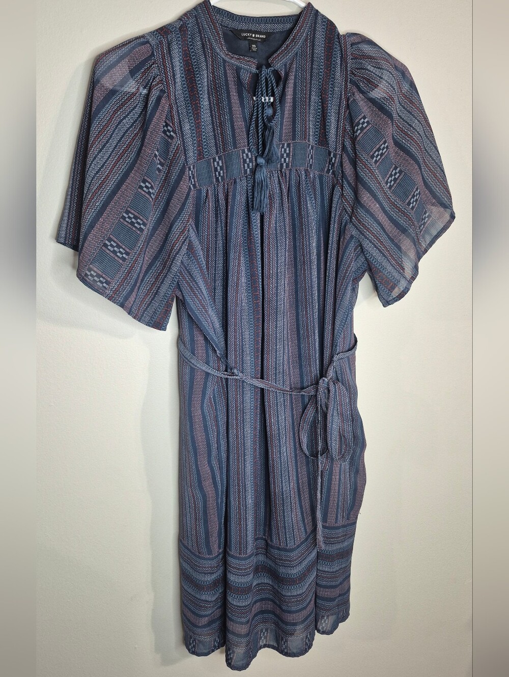 Lucky Brand Navy and Dusty Rose Striped Midi Dress Womens Size XS